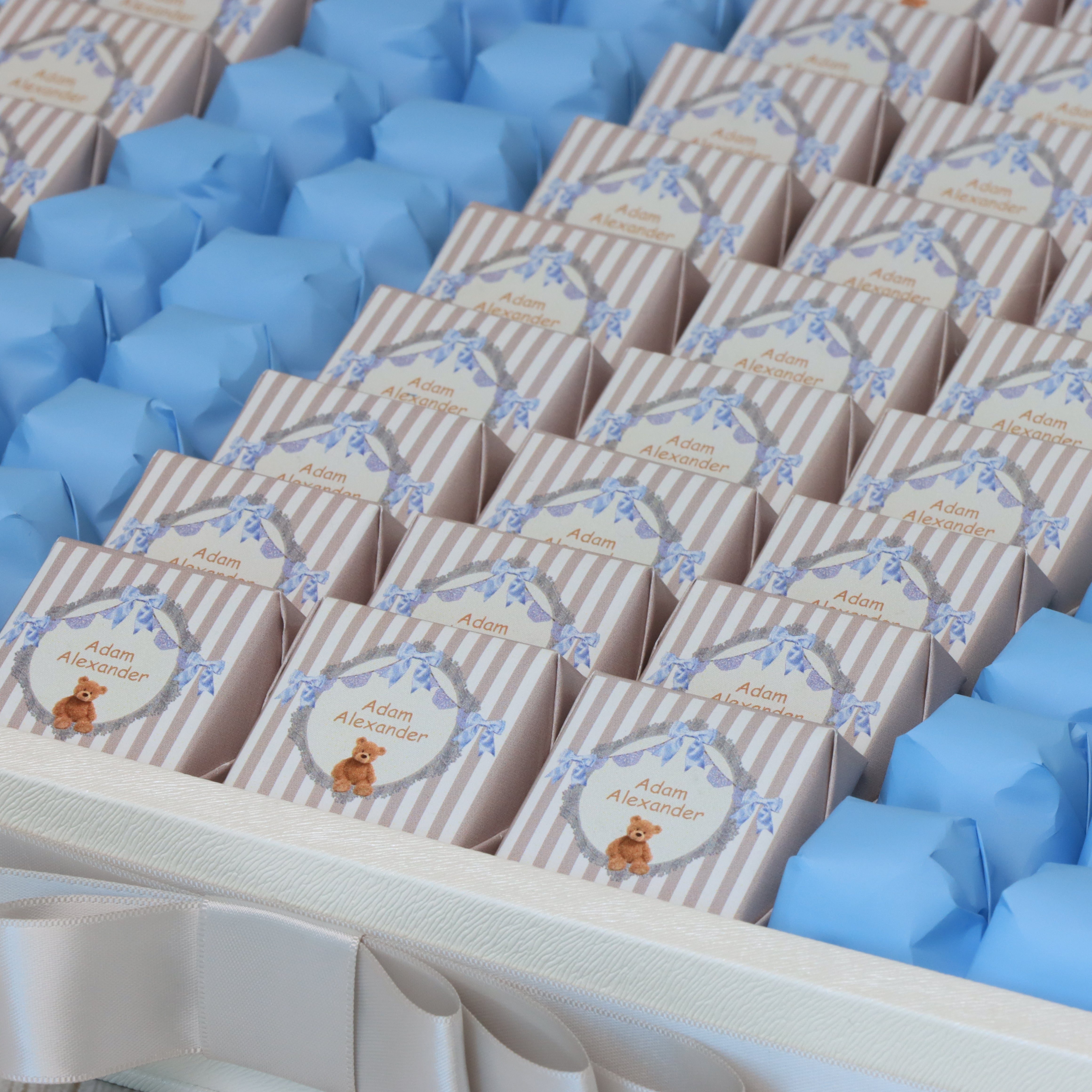 Baby boy teddy theme decorated chocolate leather tray with personalized acrylic backdrop