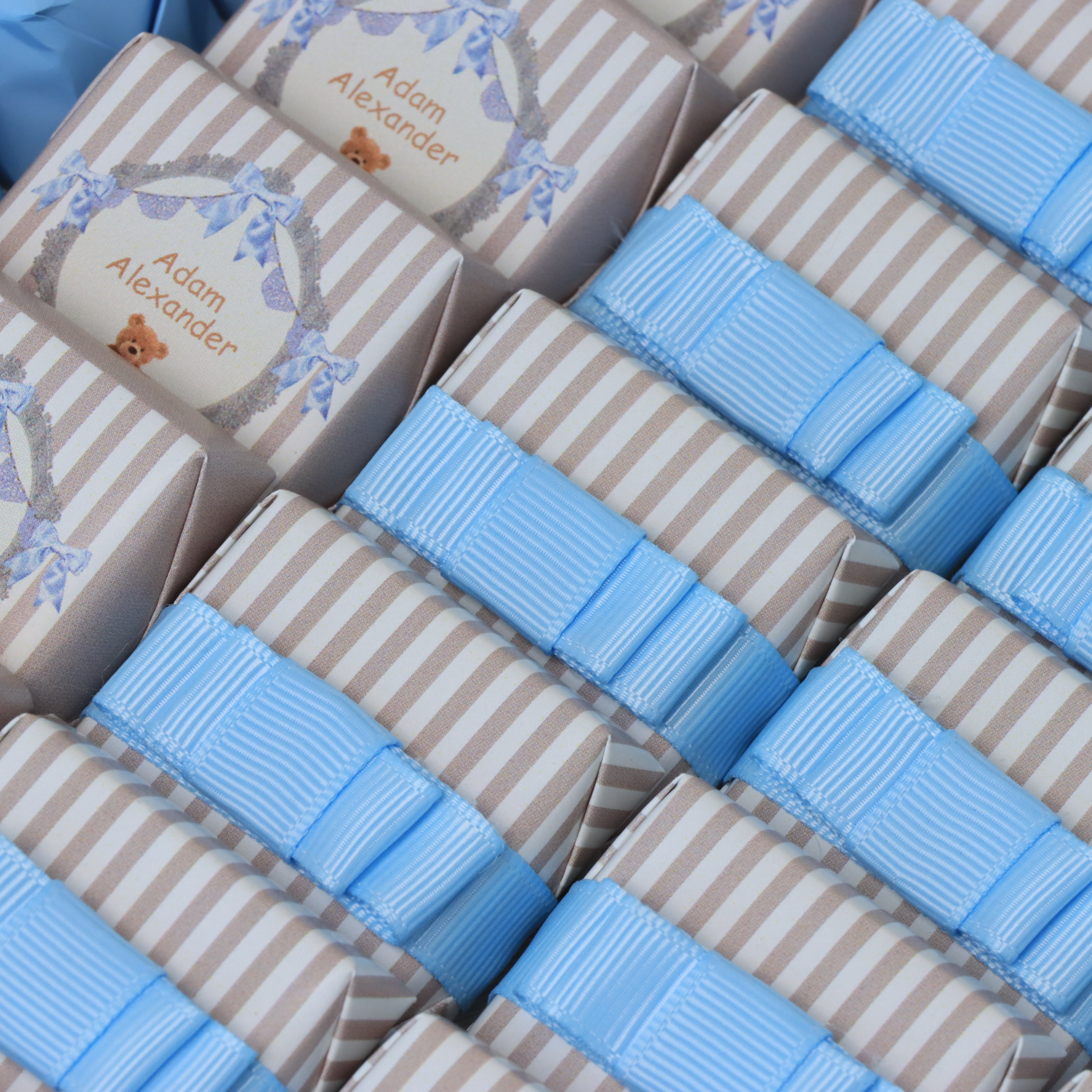 Baby boy teddy theme decorated chocolate leather tray with personalized acrylic backdrop