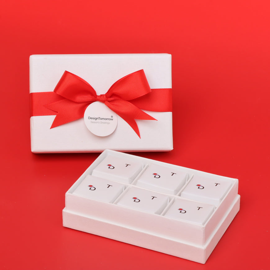 Set of 8 Corporate branded 6-piece premium chocolate hard box with ribbon