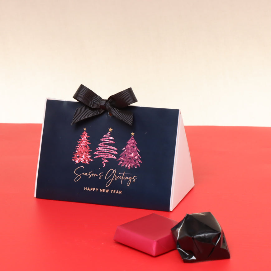 Season's greetings three tree tag designed chocolate triangle box giveaway