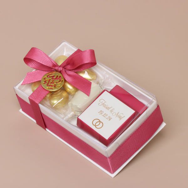 Set of 20 Bridal chocolate and almond dragees view top hard box giveaway