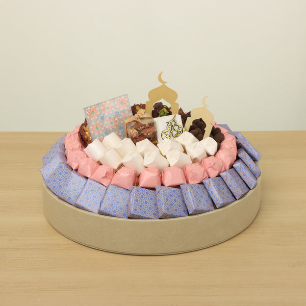 Ramadan Mubarak designed premium chocolate leather round tray