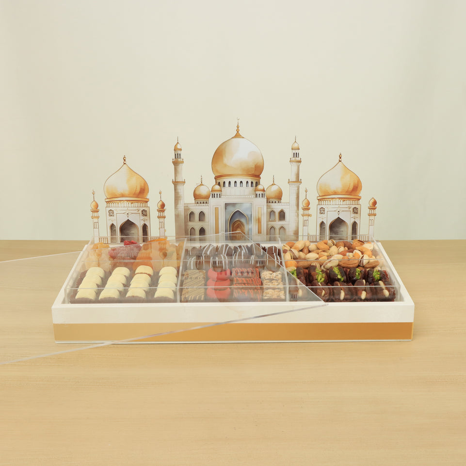 Ramadan Mubarak designed premium chocolate & dates acrylic leather medium tray