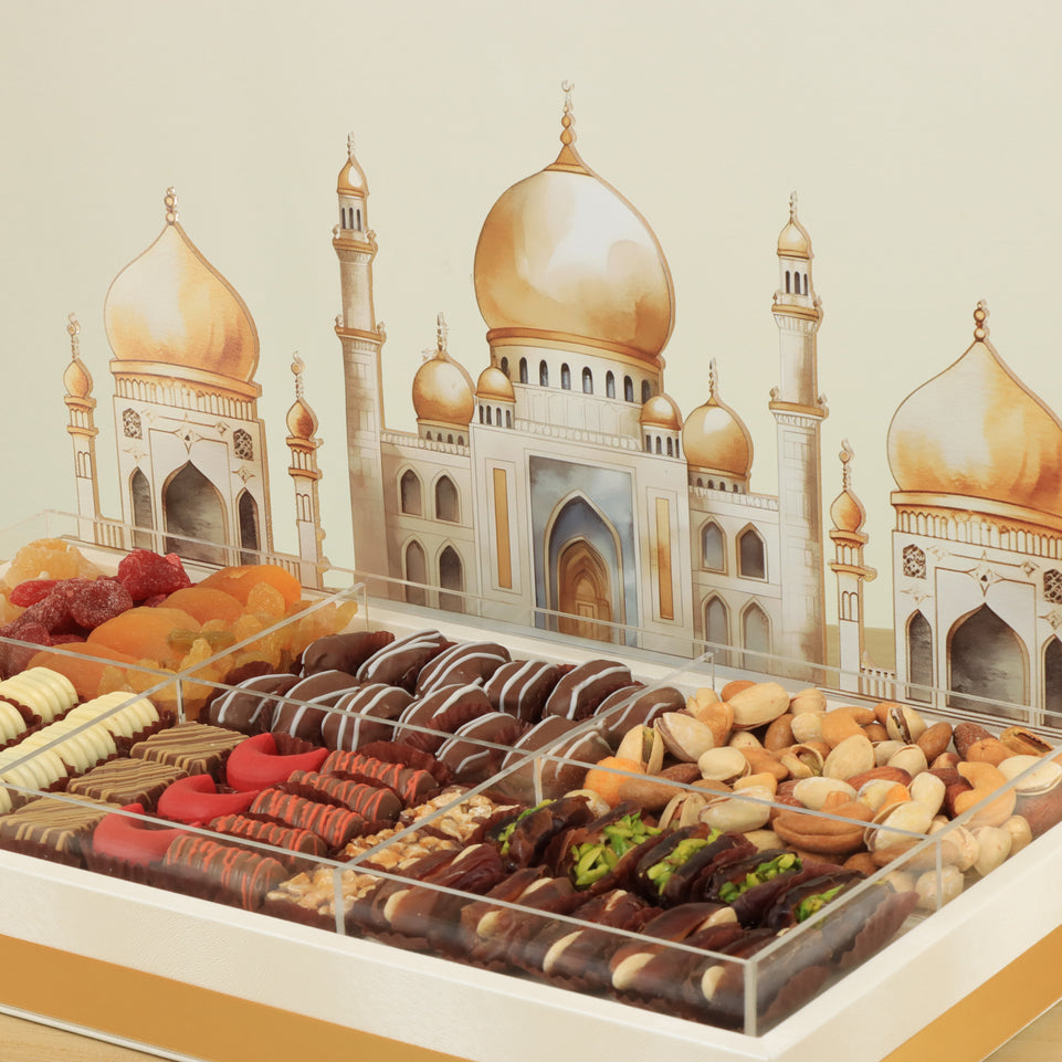 Ramadan Mubarak designed premium chocolate & dates acrylic leather medium tray