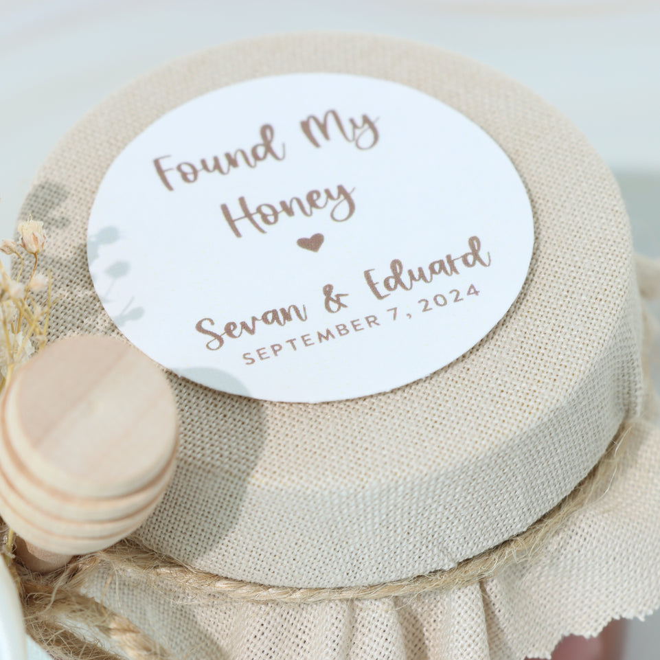 Rustic wedding decorated honey jar