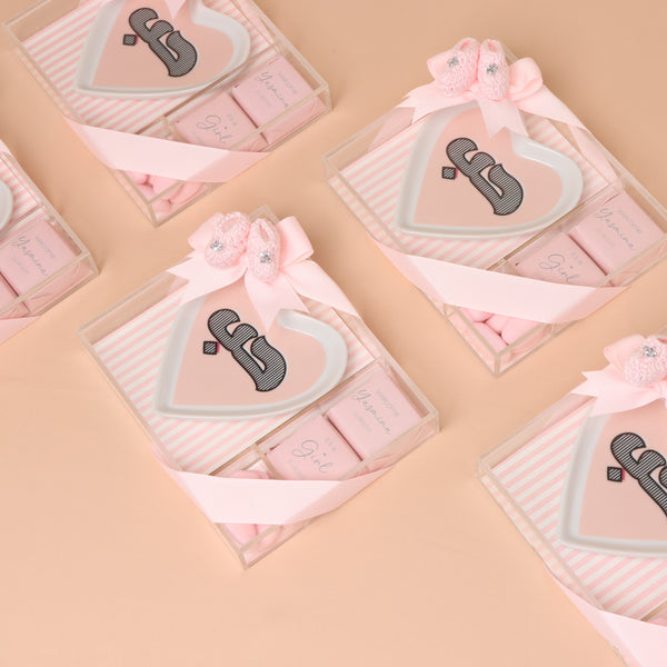 Set of 20 Baby girl personalized plate giveaway with premium chocolate acrylic box