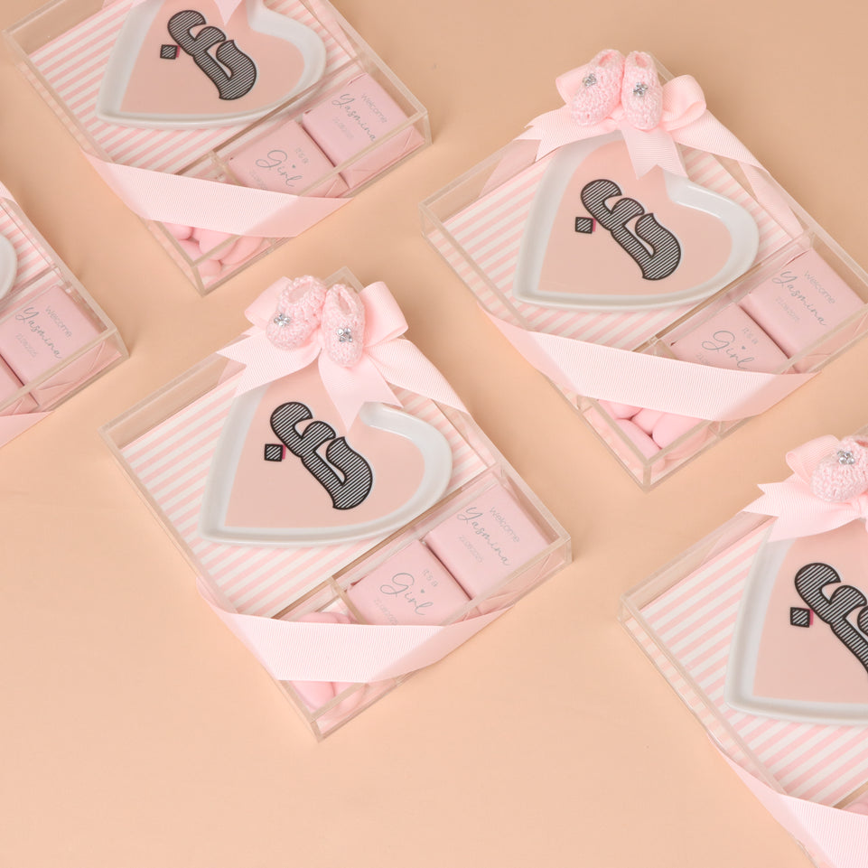Set of 20 Baby girl personalized plate giveaway with premium chocolate acrylic box