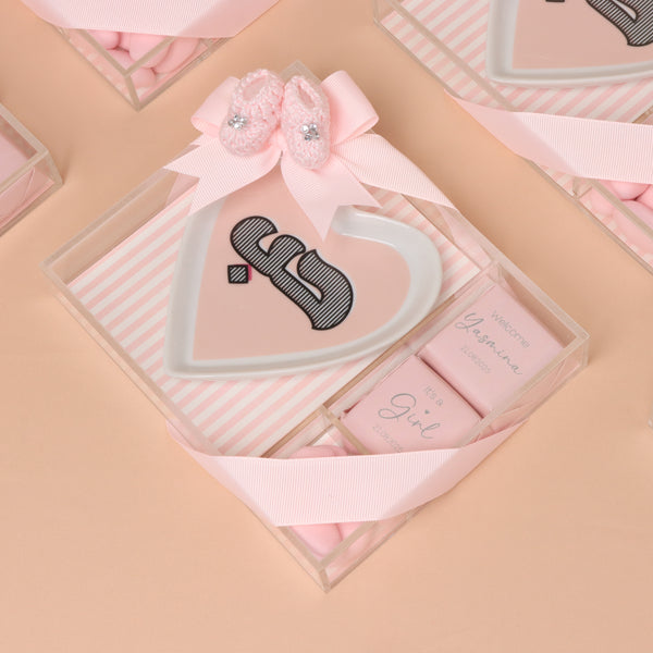 Set of 20 Baby girl personalized plate giveaway with premium chocolate acrylic box