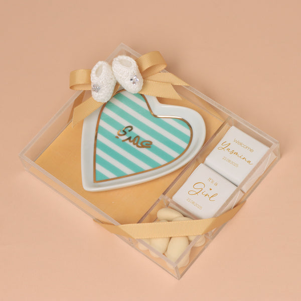 Set of 20 Baby girl personalized plate giveaway with premium chocolate acrylic box