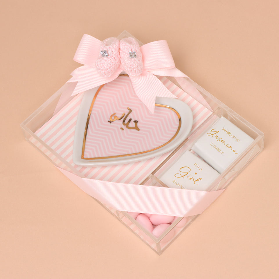 Set of 20 Baby girl personalized plate giveaway with premium chocolate acrylic box