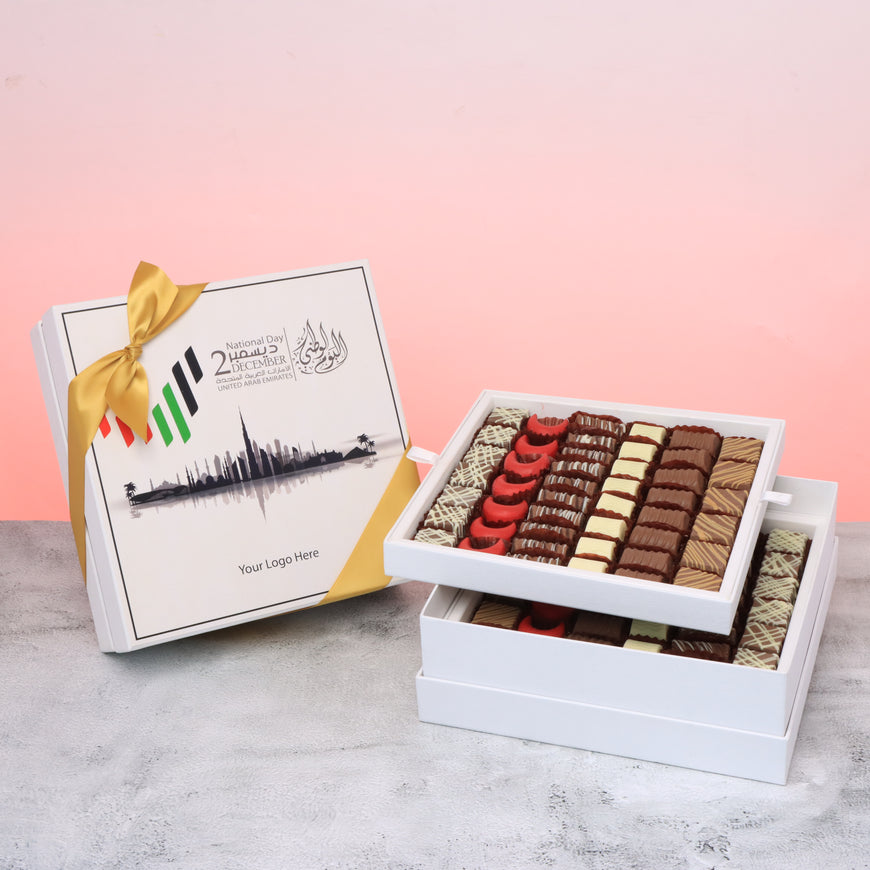 Corporate customized UAE national day designed premium chocolate 2-layer hard box