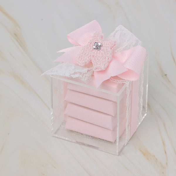 Set of 20 Baby decorated crochet bootie chocolate acrylic box