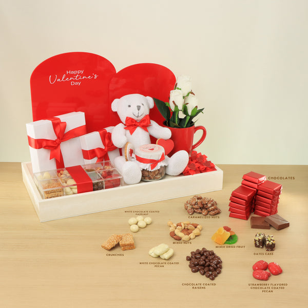Happy valentines decorated chocolate & sweets leather medium tray with acrylic backdrop