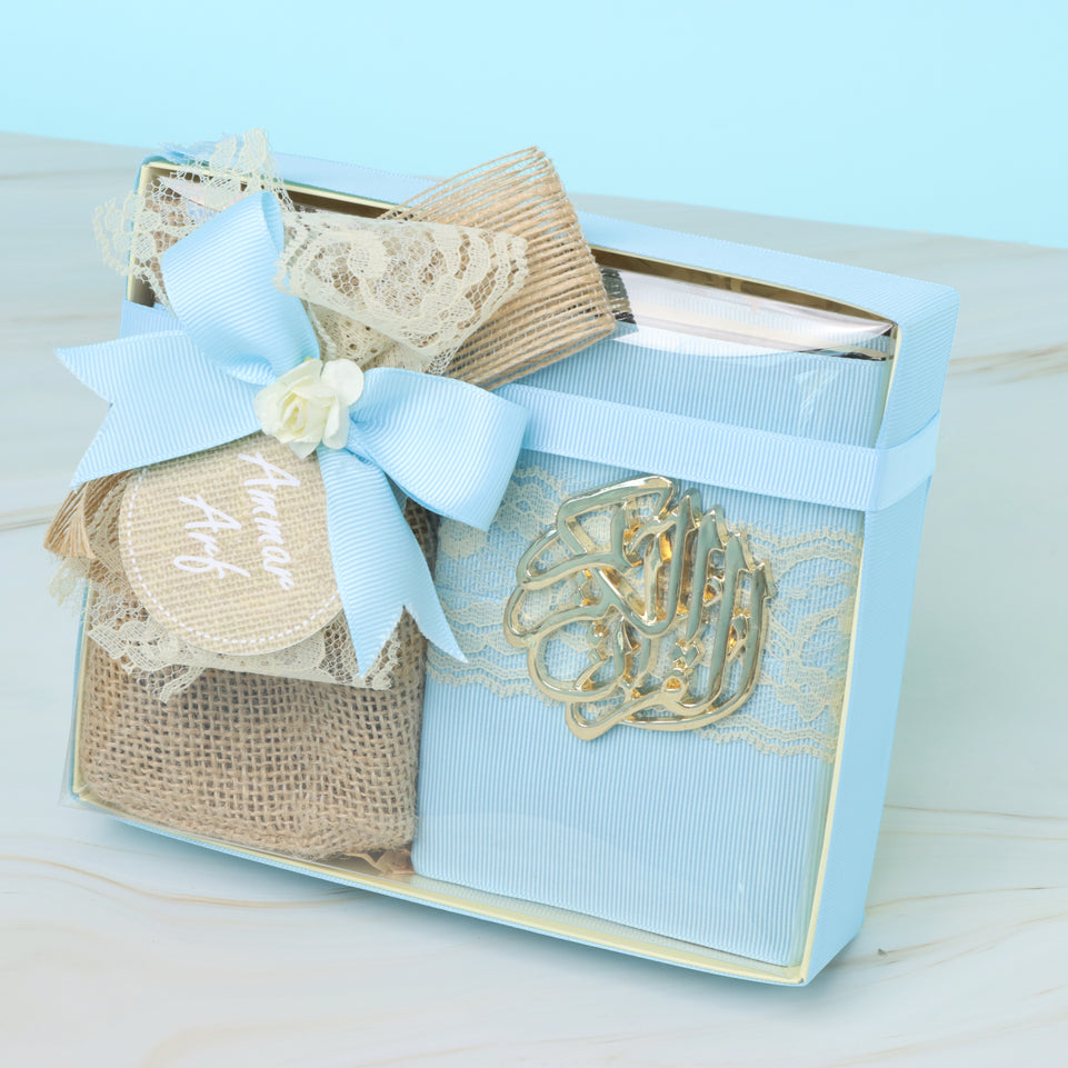 BABY BOY DECORATED QURAN WITH CHOCOLATE BAG CLEAR BOX