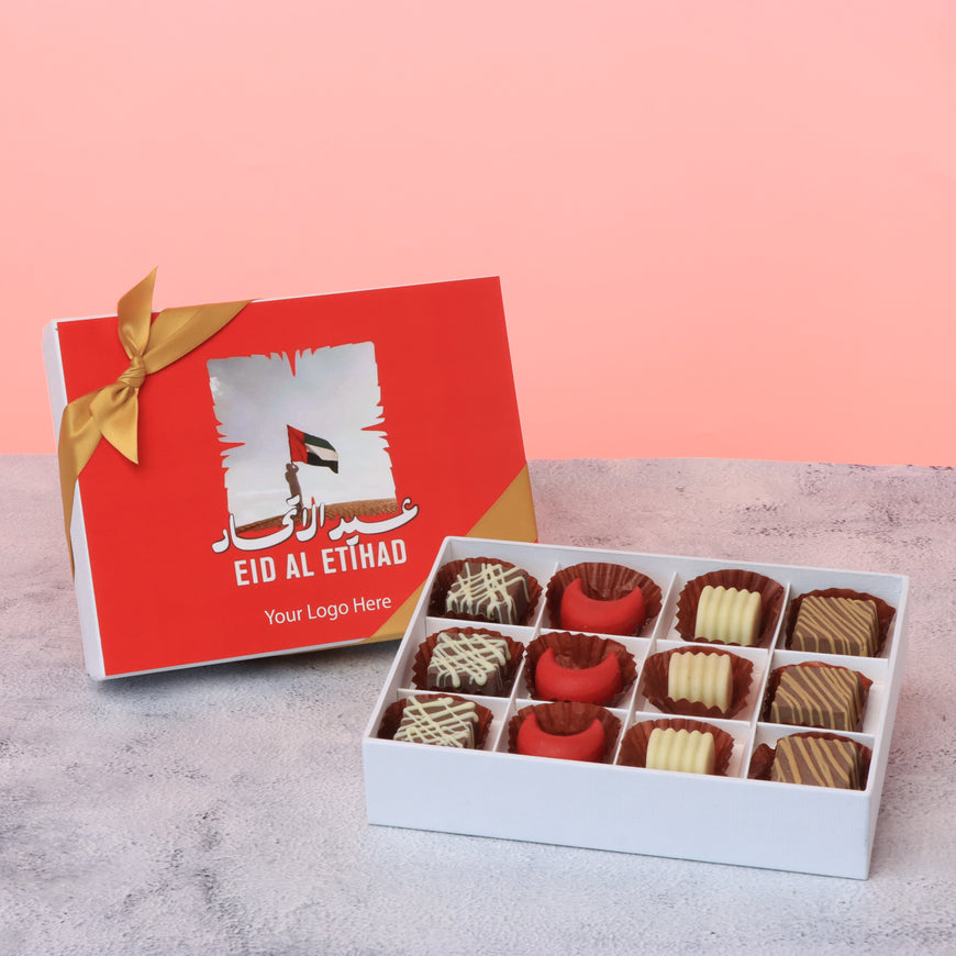 Set of 5 Corporate customized Eid Al Etihad designed premium chocolate 12P hard box