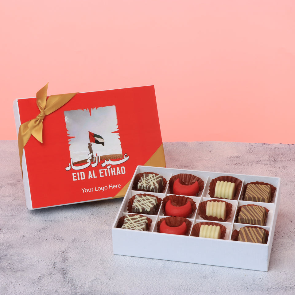 Set of 5 Corporate customized Eid Al Etihad designed premium chocolate 12P hard box