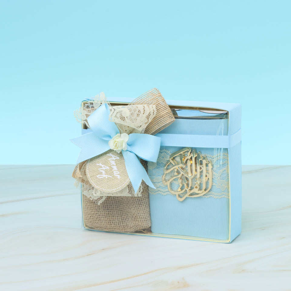 BABY BOY DECORATED QURAN WITH CHOCOLATE BAG CLEAR BOX