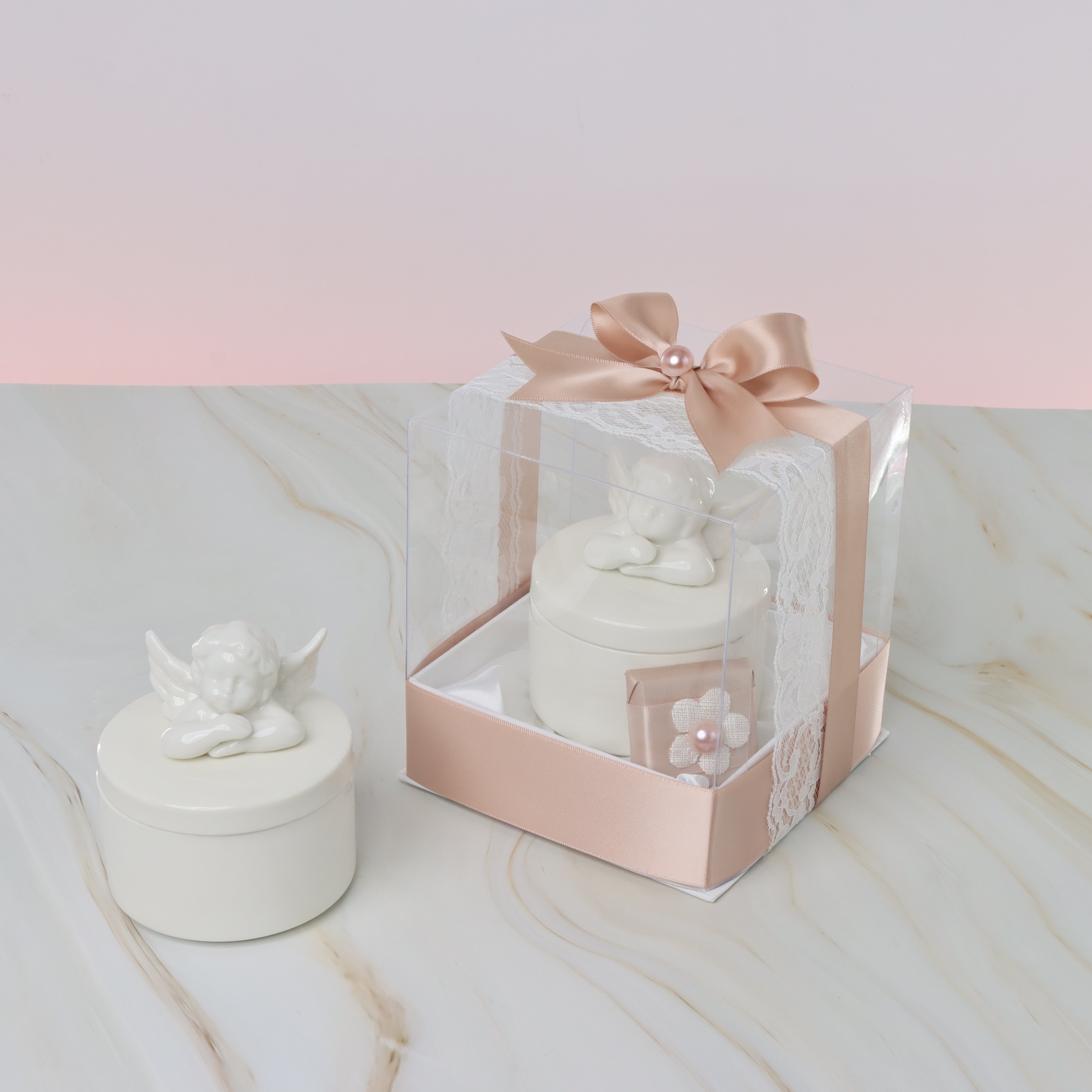 Set of 20 Baby girl ceramic angel trinket decorated chocolate clear box