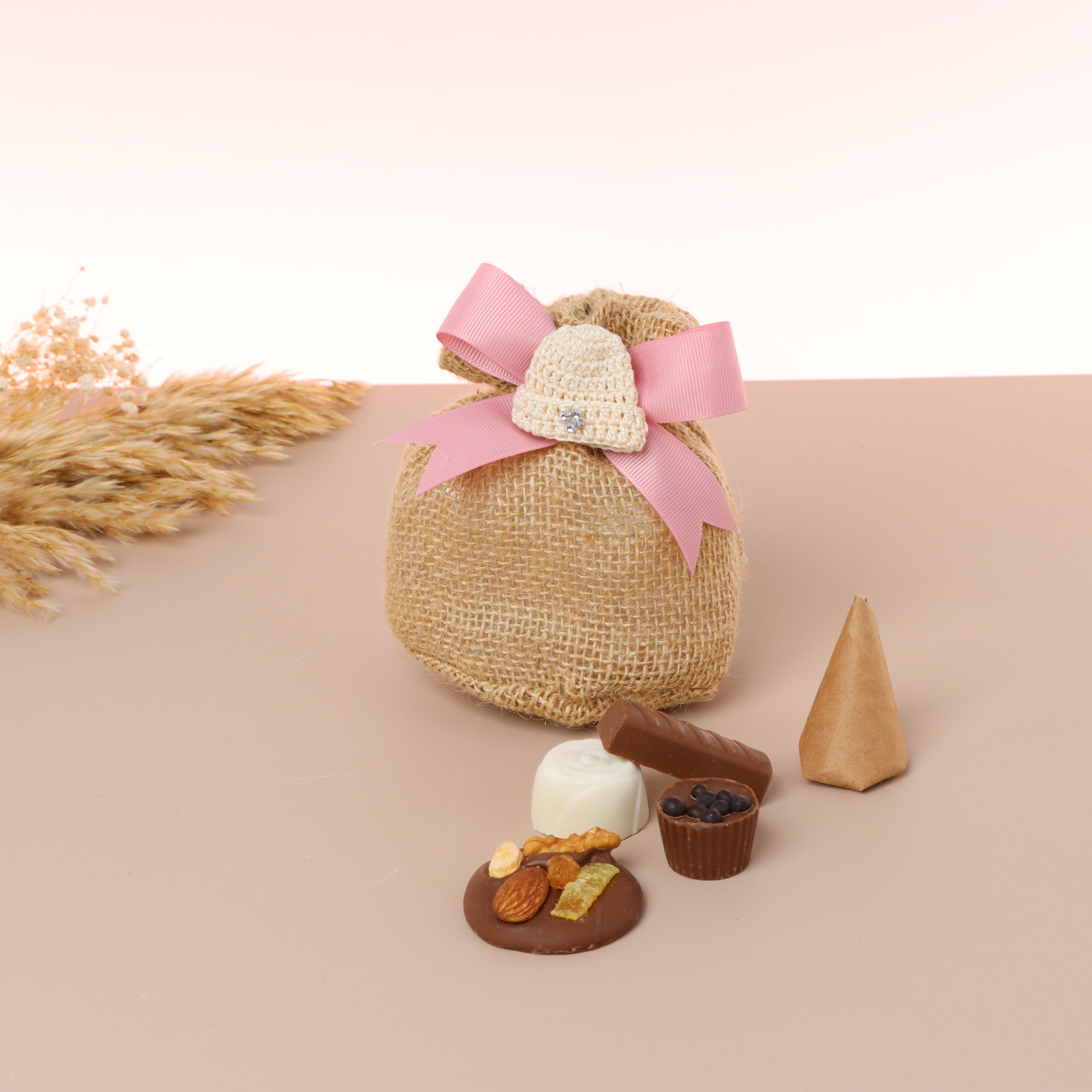Set of 20 Baby crochet hat decorated chocolate bag