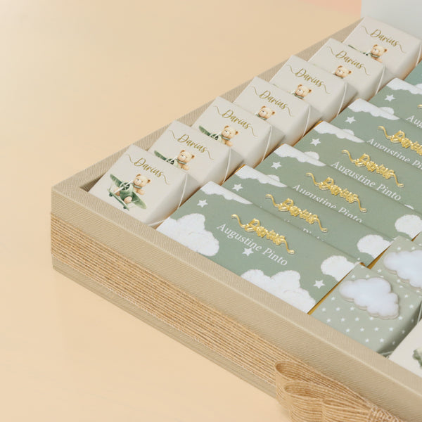 Baby boy air balloon theme chocolate medium leather tray with personalized designed acrylic backdrop