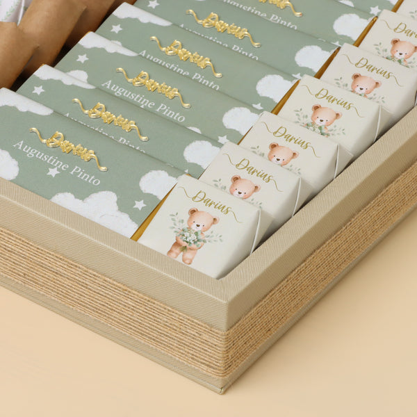 Baby boy air balloon theme chocolate medium leather tray with personalized designed acrylic backdrop