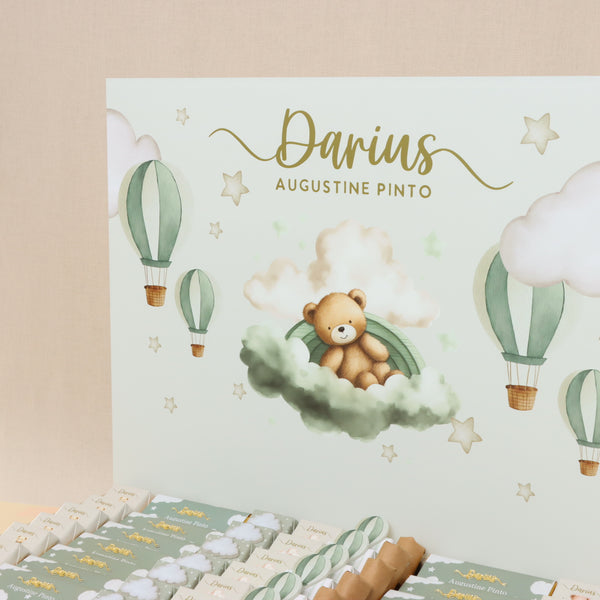 Baby boy air balloon theme chocolate medium leather tray with personalized designed acrylic backdrop