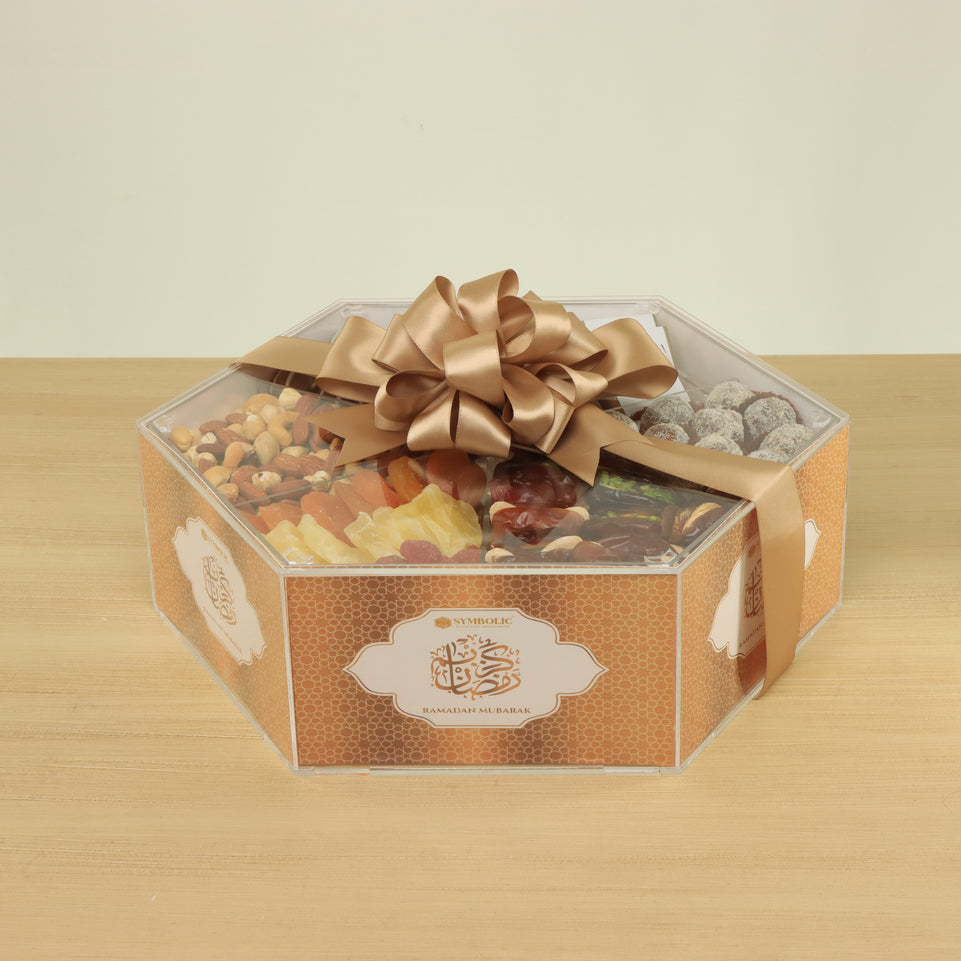 Corporate customized premium chocolate , dates, & dried fruits acrylic diagonal box