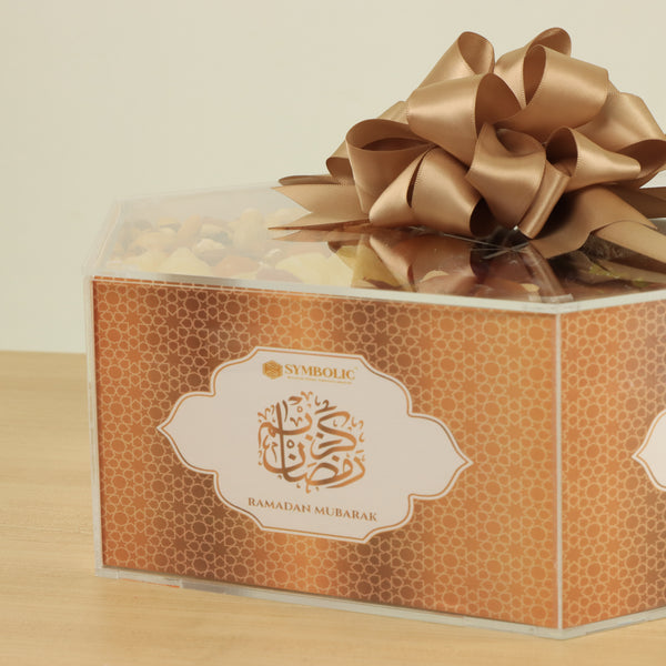 Corporate customized premium chocolate , dates, & dried fruits acrylic diagonal box
