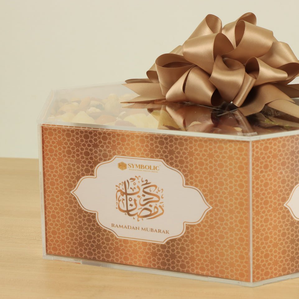 Corporate customized premium chocolate , dates, & dried fruits acrylic diagonal box