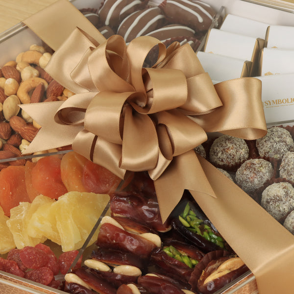 Corporate customized premium chocolate , dates, & dried fruits acrylic diagonal box
