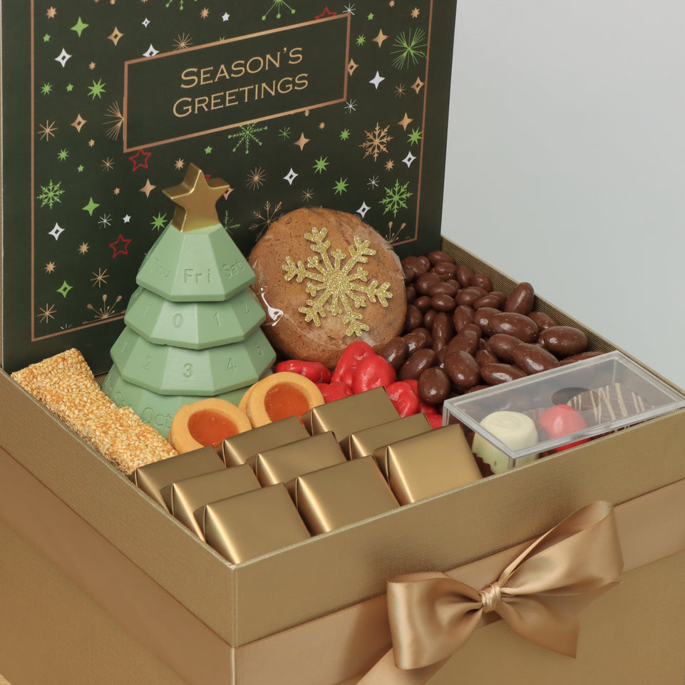 Season's Greetings designed with decorated tree premium chocolate & sweets large hamper