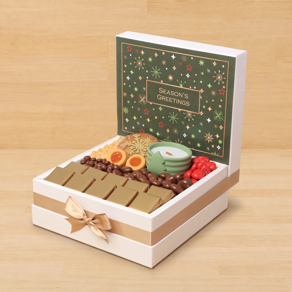 Season's Greetings with candle designed premium chocolate & sweets large hamper