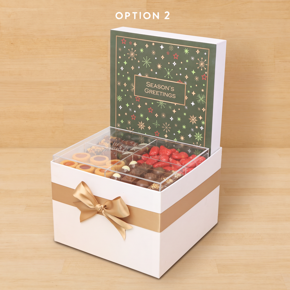 Season's Greetings with acrylic designed premium chocolate & sweets large hamper