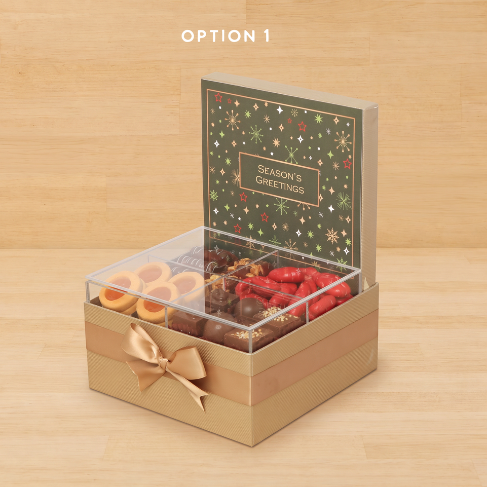 Season's Greeting designed with acrylic premium chocolate & sweets medium hamper