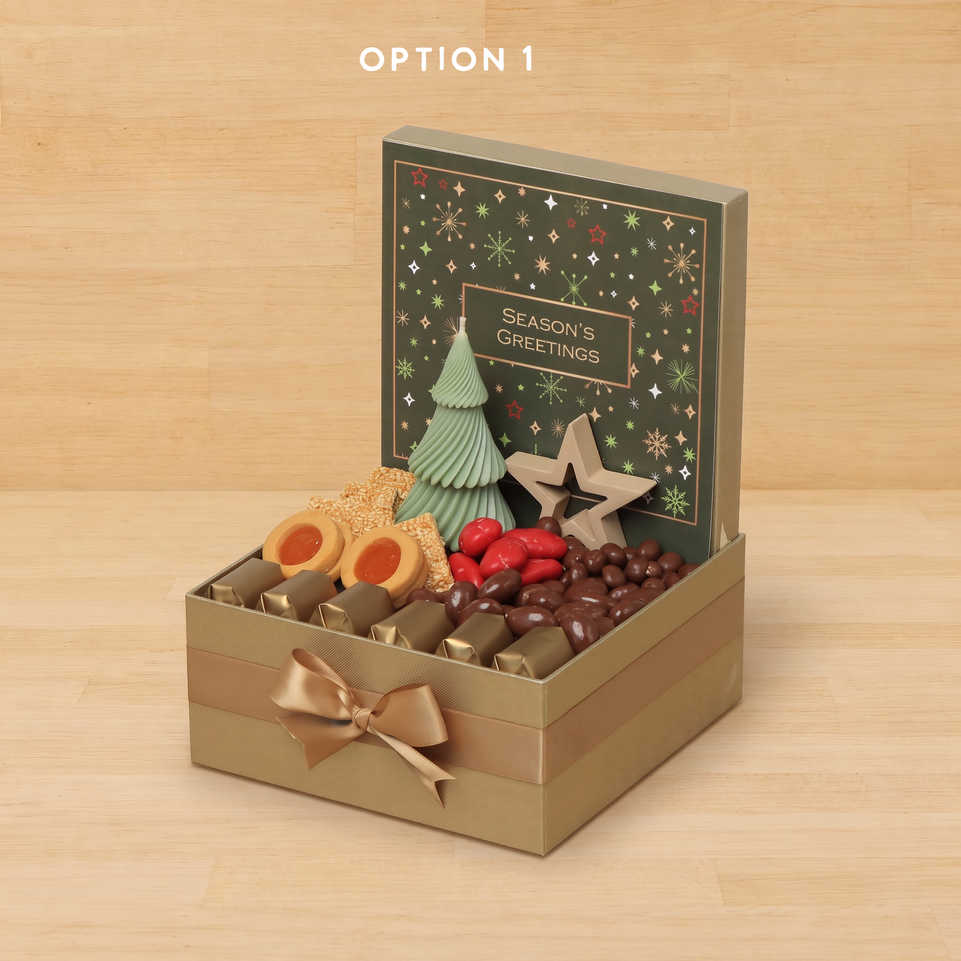 Season's Greeting designed with tree candle and decorated star premium chocolate & sweets medium hamper