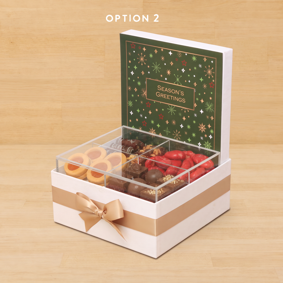 Season's Greeting designed with acrylic premium chocolate & sweets medium hamper
