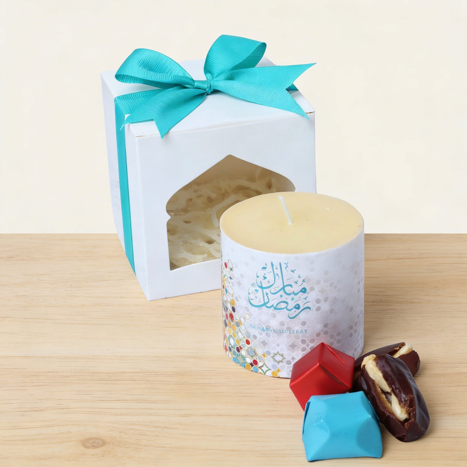 Set of 20 Ramadan designed candle with chocolate and dates soft box
