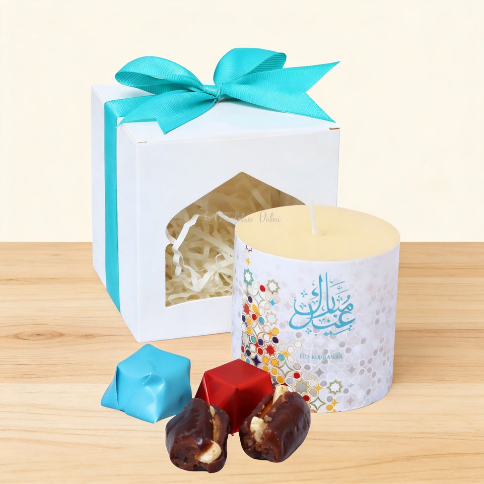 Set of 20 Eid designed candle with chocolate & dates soft box