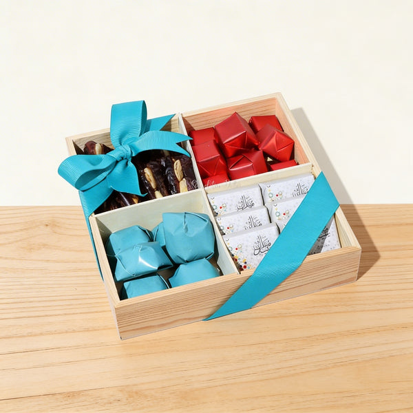 Ramadan mubarak designed chocolate & dates sectioned wood tray