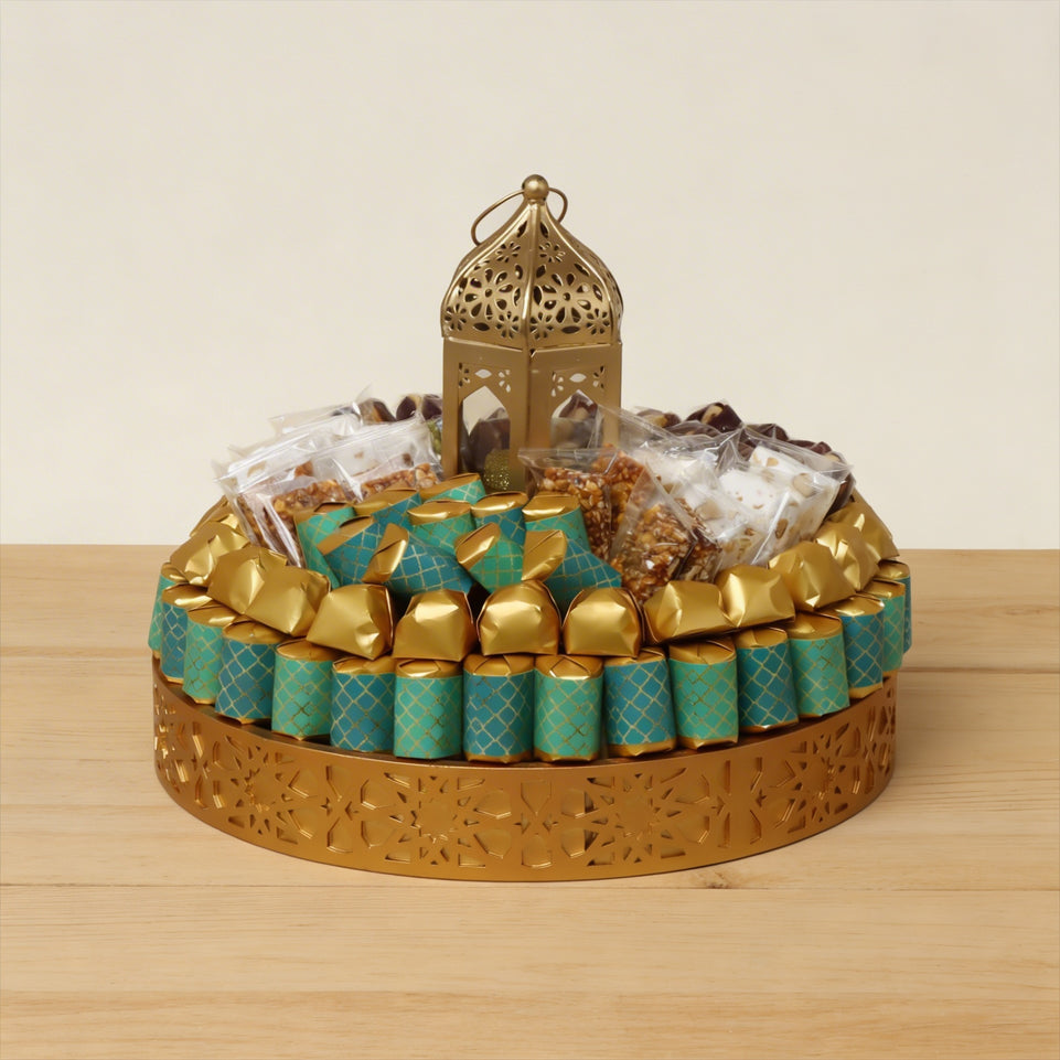 Eid Ramadan designed premium chocolate & sweets wood pattern round tray