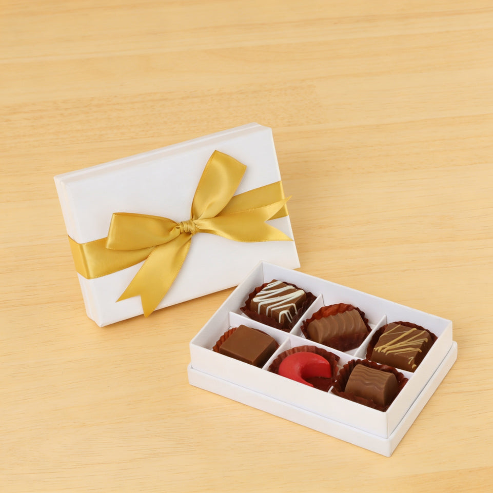 Set of 8 Premium chocolate 6-pc white hard box with gold ribbon