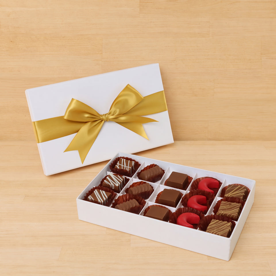 Premium chocolate 15pc white hard box with gold ribbon