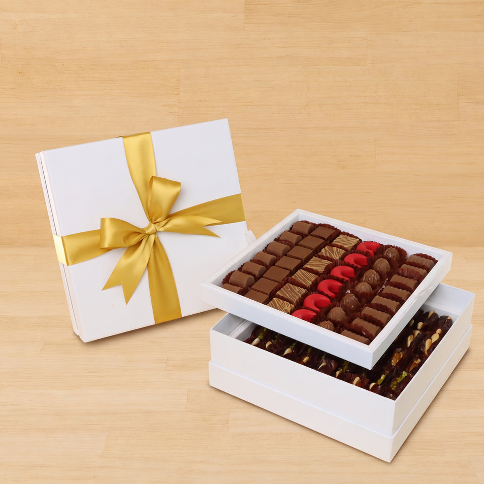 Premium chocolate & dates 2-layer hard box with gold ribbon