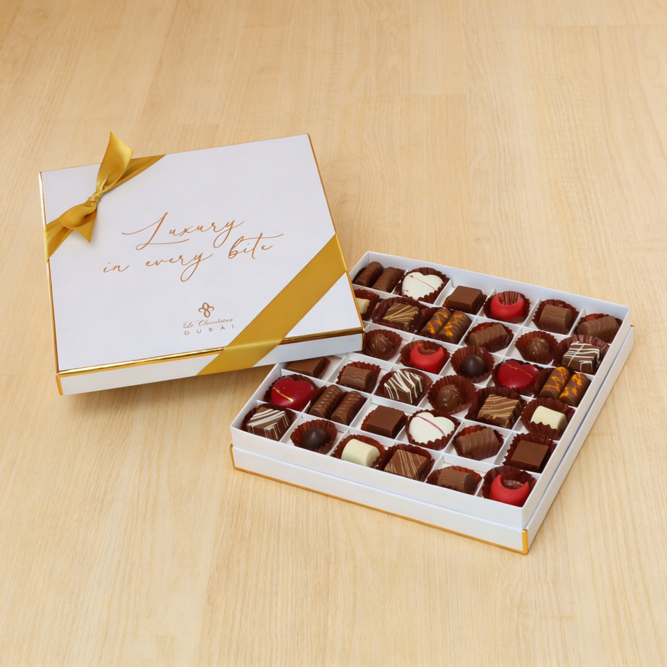 Luxury white & gold designed premium chocolate box with ribbon