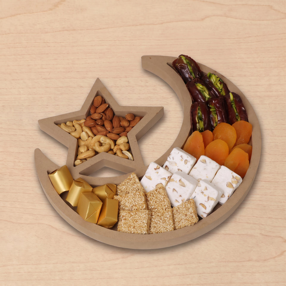 Ramadan Kareem premium chocolate , sweets, nuts crescent wooden tray