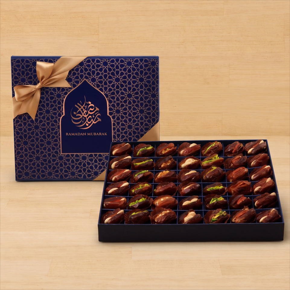 Ramadan Mubarak designed premium nut stuffed dates luxury hard box