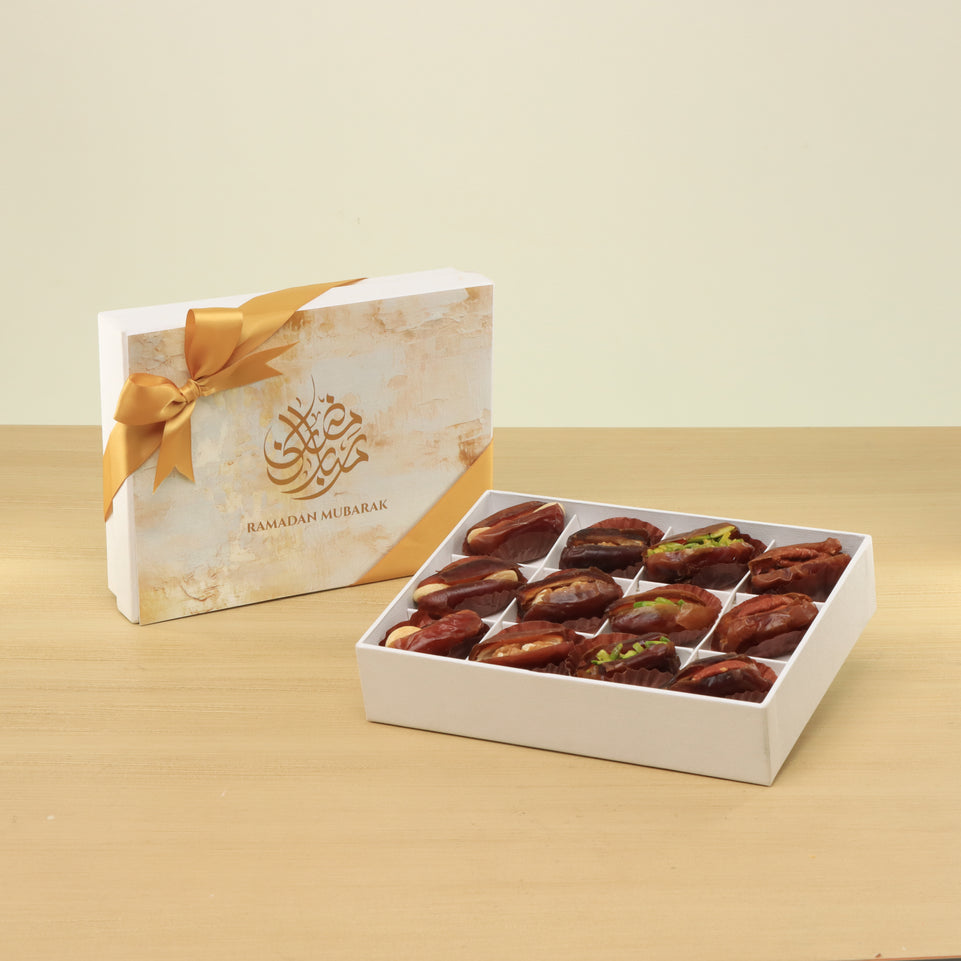 Ramadan Mubarak designed premium nut stuffed dates 12P hard box