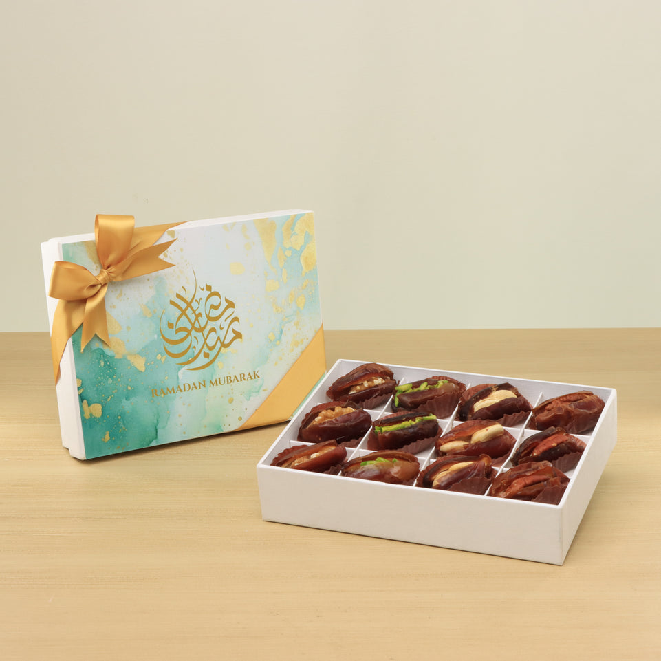 Ramadan Mubarak designed premium nut stuffed dates 12P hard box