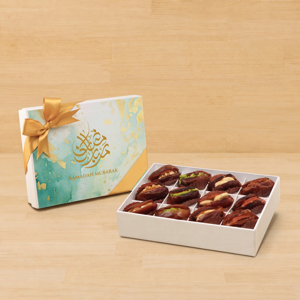 Ramadan Mubarak designed premium nut stuffed dates 12P hard box