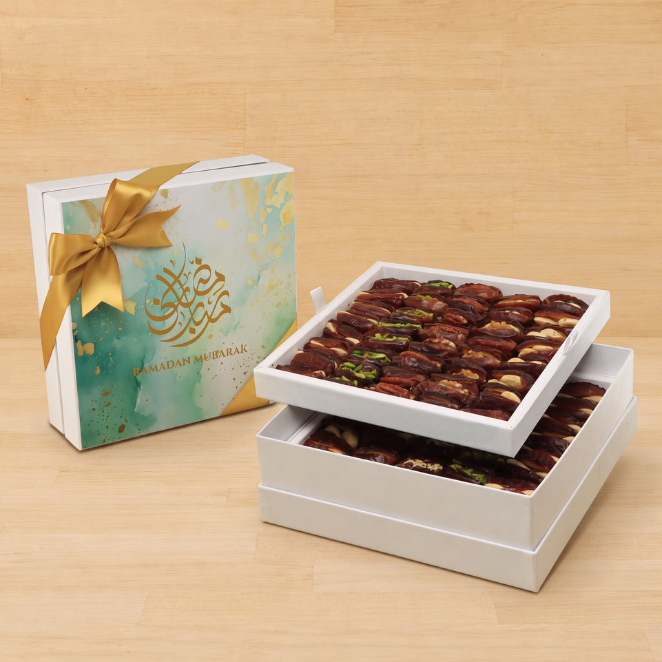 Ramadan Mubarak designed premium chocolate & dates 2-layer hard box